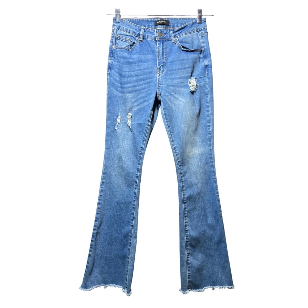 Fire & Rain Denim Distressed Flare Jeans Blue Size 7 High Rise Raw Hem